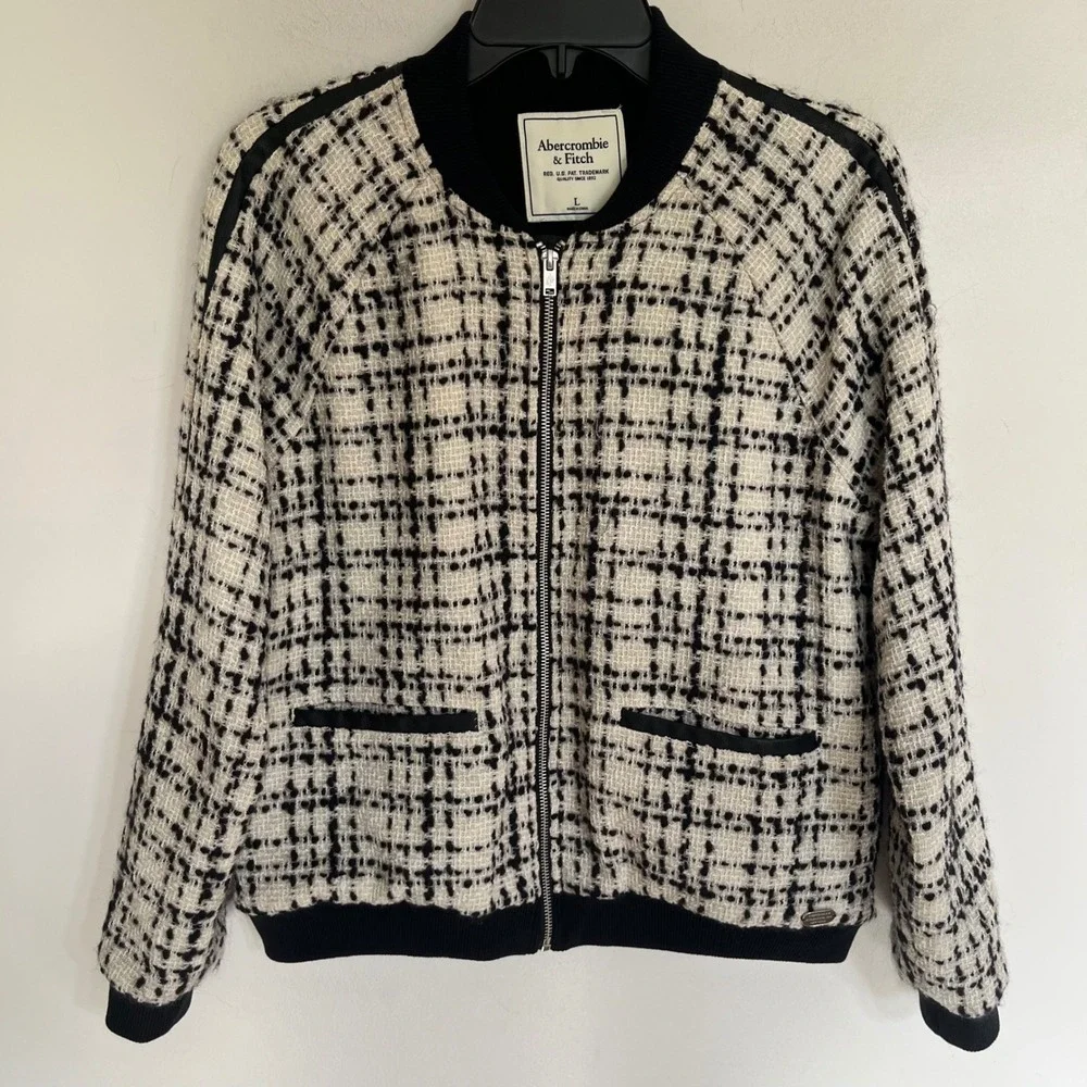 Abercrombie & Fitch Women Tweed Bomber Jacket Wool Blend Black Cream‎ Large L